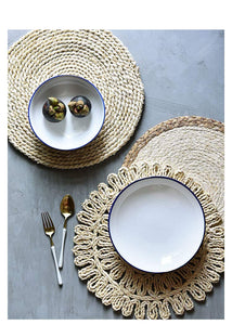 DOKOT Rattan Dinning Placemat Woven Braided Round Table mats Hot Pad Heat Resistant Easy Clean (Khaki Border)