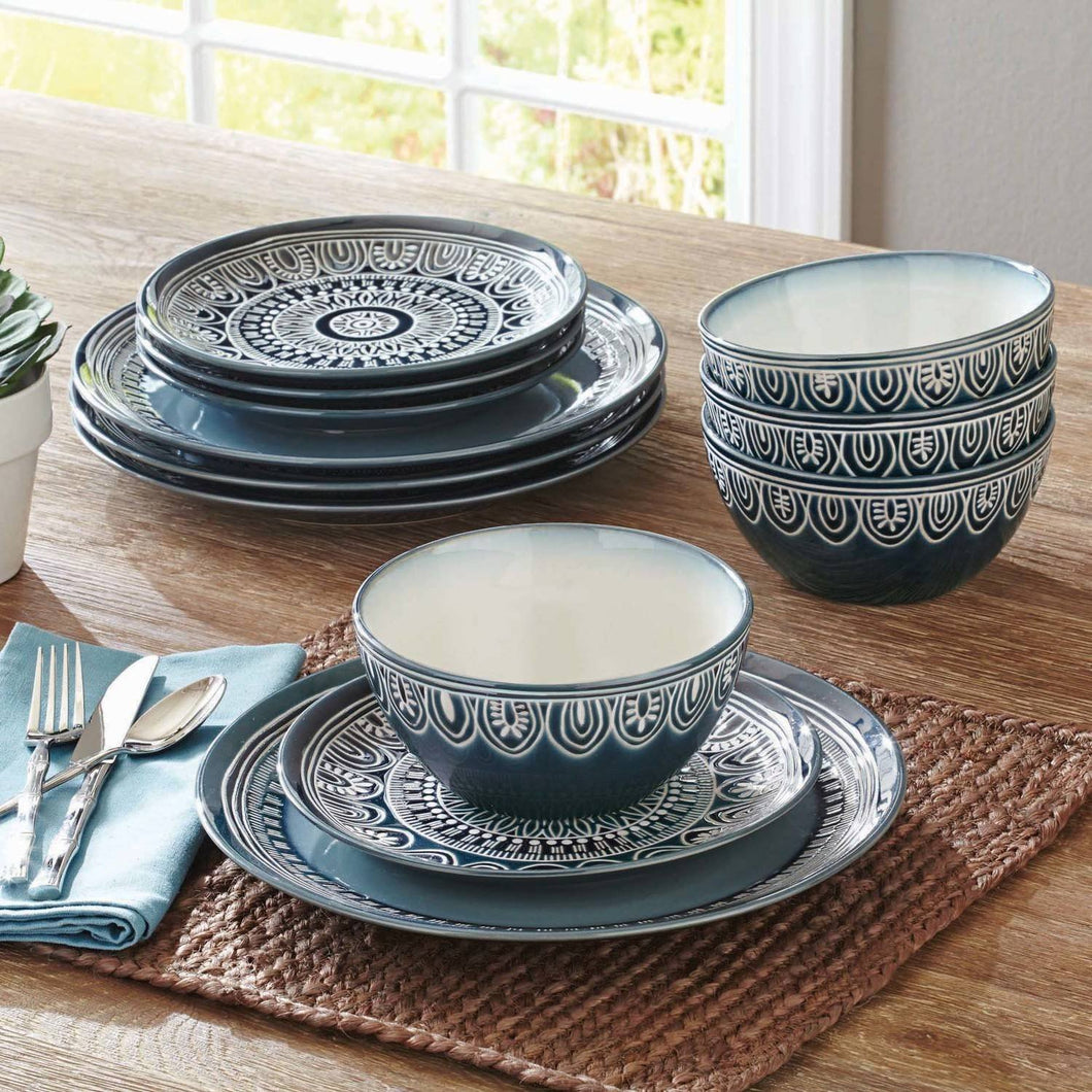 Better Homes and Gardens Teal Medallion 12-Piece Dinnerware Set, Teal